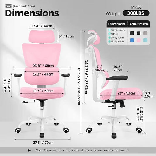 Ergonomic Office Chair High Back Desk Chair with Lumbar Support, Breathable Mesh Computer Chair with Adjustable Armrests Height, Reclining Swivel Big and Tall Gaming Chair for Home Office(Pink)