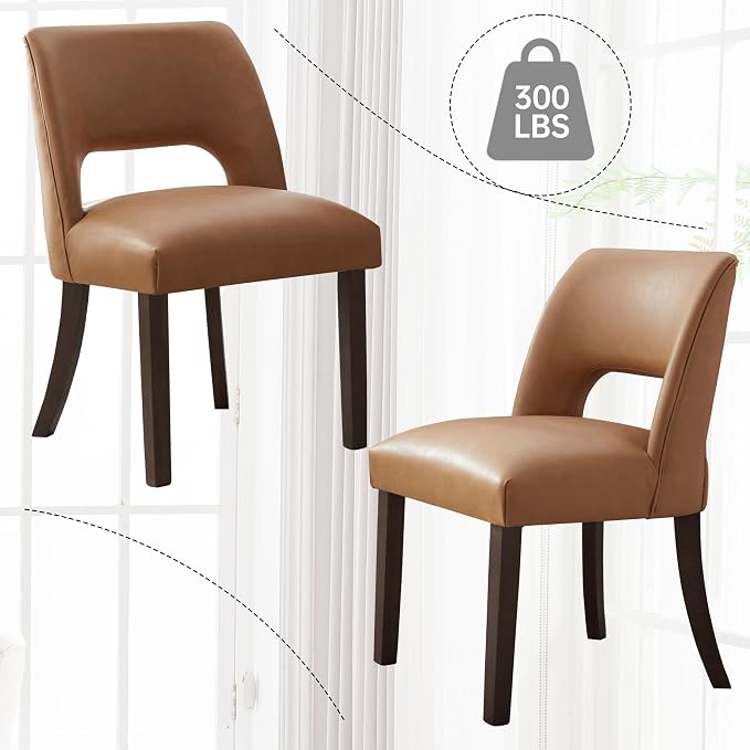 VKNOW Modern Dining Chairs Set of 2 with Rubberwood Legs, Brown | Faux Leather, Curved Back, For family, Kitchen Dining Room Restaurant Reception Room, No wobble, 80% pre-installed