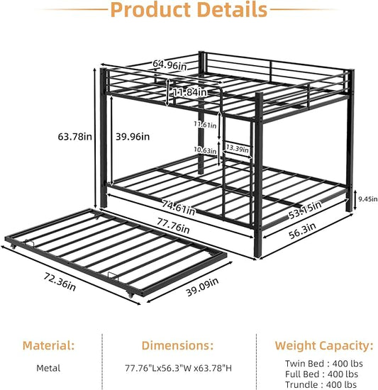 Metal Bunk Bed with Trundle, Space-Saving Bunk Bed Full Over Full with Ladders and Safety Guardrail, Heavy Duty Full Bed Frames, No Box Spring Needed and Noise Free(Black)