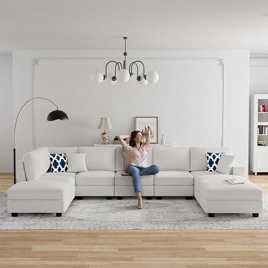 Legend Vansen Oversized Modular Sectional Sofa,U/L‑Shaped Reversible Couch with Ottoman,Deep Seat Plush Polyester Sofa for Living Room,9‑Seater,Cream