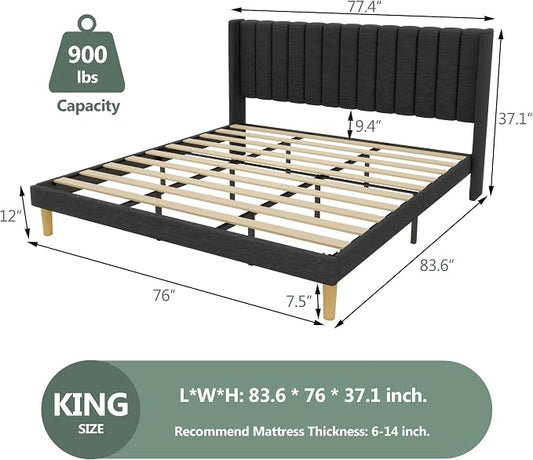 alazyhome Platform Bed Frame King Size with Upholstered Headboard, Solid Wood Slats Support, No Box Spring Needed, Noise Free, Easy Assembly, Modern Fabric Bed, Black