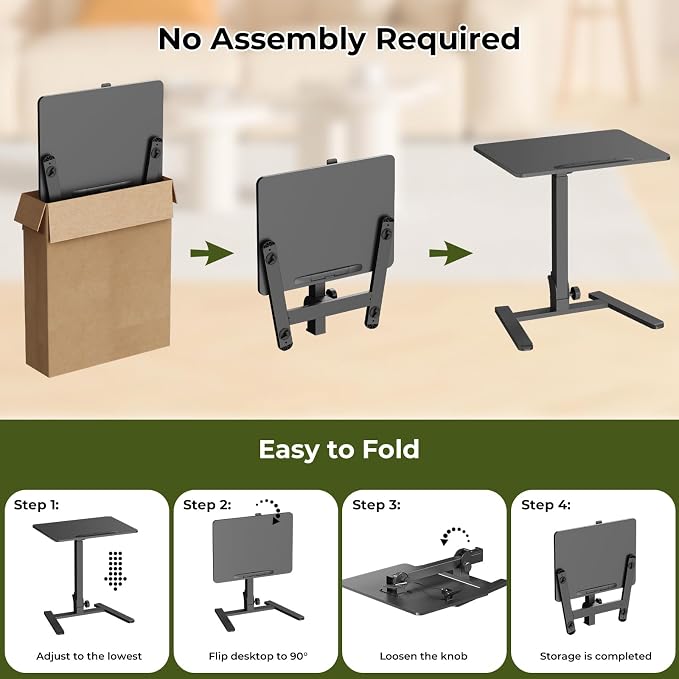 Gibbon Mounts Foldable Standing Desk,Small Mobile Sit-Stand Desk with 90 Tiltable Top,Rolling Rising Laptop Workstation Adjustable Height,Portable Table on Hidden Wheels/4 Lockable Casters,Black