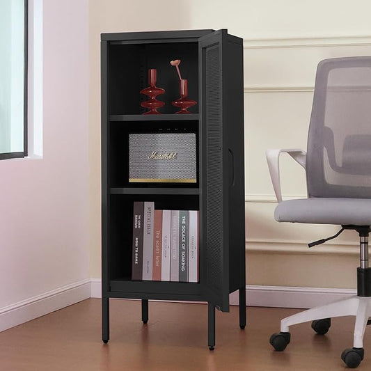 Slim Metal Storage Cabinet with Mesh Doors - 42'' Tall Narrow Organizer Tower, Compact Freestanding Cabinet, Versatile Utility Storage for Home, Office, Kitchen, Living Room, Durable and Modern Design