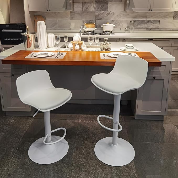 Kidol & Shellder Bar Stools Set of 2 Adjustable Swivel Counter Height Stools, Modern PU Leather Upholstered with Back Solid Color Barstools for Kitchen Island White