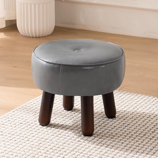 oakvivo Ottoman, Small Foot Stool, Round Leather Pouf Ottoman, 13''L x 13''W x 10.2''H Foot Rest with Non-Skid Rubber Legs for Living Room Bedroom Couch Entryway, Grey