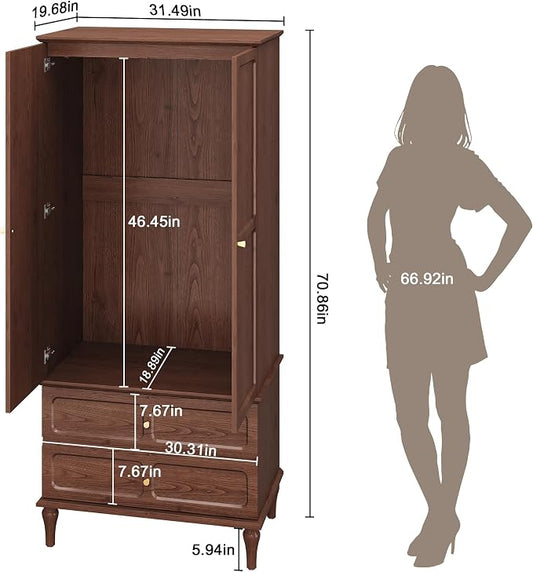HLR 71" Mid-Century Modern Armoire Wardrobe Closet with Doors and Drawers,Wooden Armoire Storage Cabinet with Hanging Rod for Bedroom,Large Capacity Storage,Brown