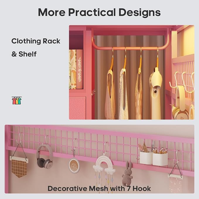 ADORNEVE Loft Bed Full Size with Desk and 8 Storage Drawers, LED Metal Loft Bed with Power Outlet, 2 Shelves & Clothing Rack, Bed with Safety Guardrail & Ladder,Space-Saving, Pink