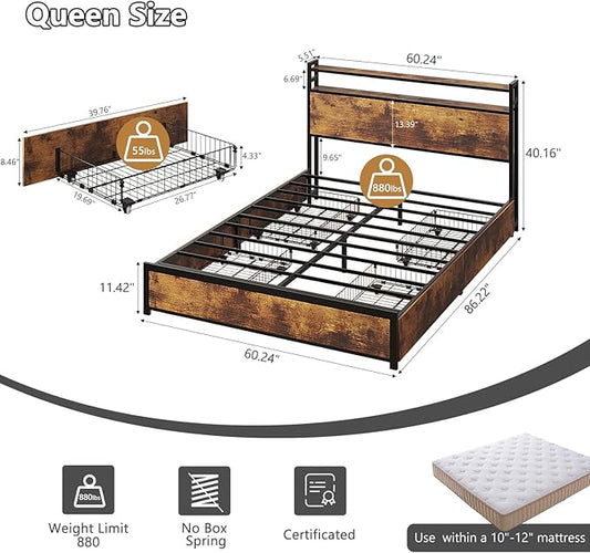 VINGLI Queen Bed Frame with 4 Storage Drawers and Headboard, Metal Platform Panel Bed with Charging Station and RGB LED Lights, No Box Spring Needed, Noise Free, Easy Assembly,Rustic Brown