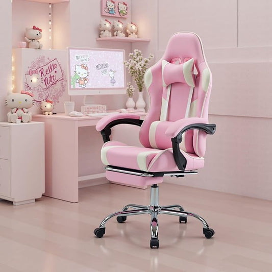 DUMOS Ergonomic Gaming Office Desk Chair with Footrest and Headrest for Adults, PU Leather Video Computer Chair with Linkage Armrests, Height Adjustable 360° Swivel Recling, White Pink