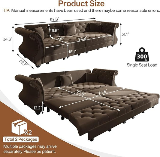 97.6" Oversized Pull Out Sofa Bed, Chesterfield Velvet Sleeper Sofa Couch with Roll Arm & Flower Tufting, Heavy Duty Metal Frame Convertible Sofa for Living Room, Apartment, Guest Room, Brown
