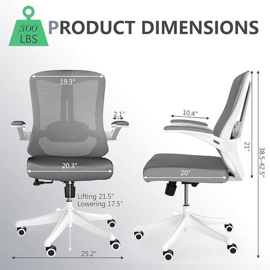 300 LBS Ergonomic Office Computer Mesh Chair - Adjustable Height Rolling Desk Chair with Flip-Up Armrests & High Back Support - Comfortable Swivel Task Chair for Home Office