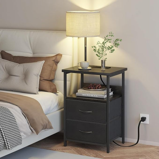 Fixwal Bedside Table with 3 Color Temperature Reading Light, Nightstand with LED Light & Charging Station End Table with Adjustable Fabric Drawer for Bedroom, Dorm, Black