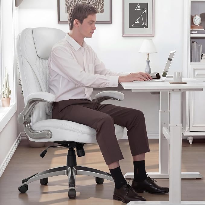COLAMY High Back Executive Office Chairs Set of 2, Ergonomic PU Leather Desk Chairs with Flip-Up Armrests, Adjustable Height, Lumbar Support, Comfortable Computer Chairs for Home Office, White
