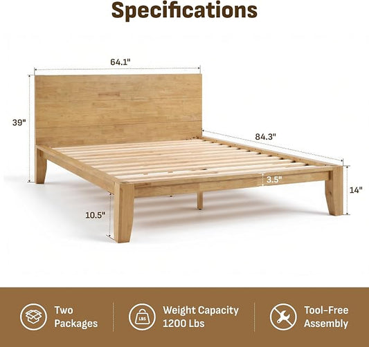 Softa Mikor Queen Japanese Joinery Bed Frame with Headboard, Solid Rubberwood Platform Bed, 1500 Lbs Heavy Duty, SGS Certified, No-Tool Setup, Storage Shelf, USB-A/C Port, No Box Spring Needed