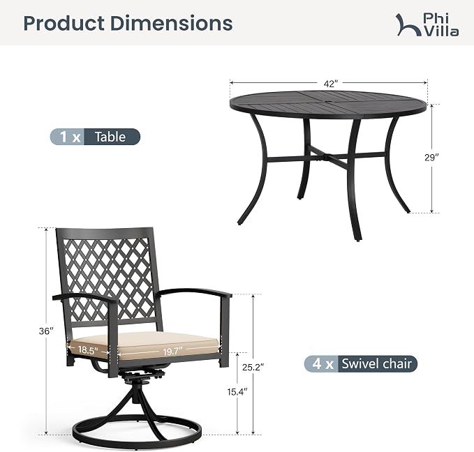 PHI VILLA 5 Pieces Outdoor Dining Set for 4, Round Metal Steel Table with Umbrella Hole & Swivel Wrought Iron Chairs with Cushions, Large Modern Furniture for Patio, Deck, Backyard, Porch