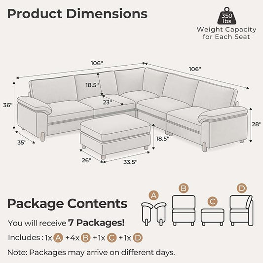 SITJOY Large Cloud Couch, 106" Wide 5 Seater V Shape, Light Gray Chenille | Detachable and Washable Chenille Cover Sectional Sofas for Living Room, Deep Seat Wide Couch with Chaise, Storage Ottoman