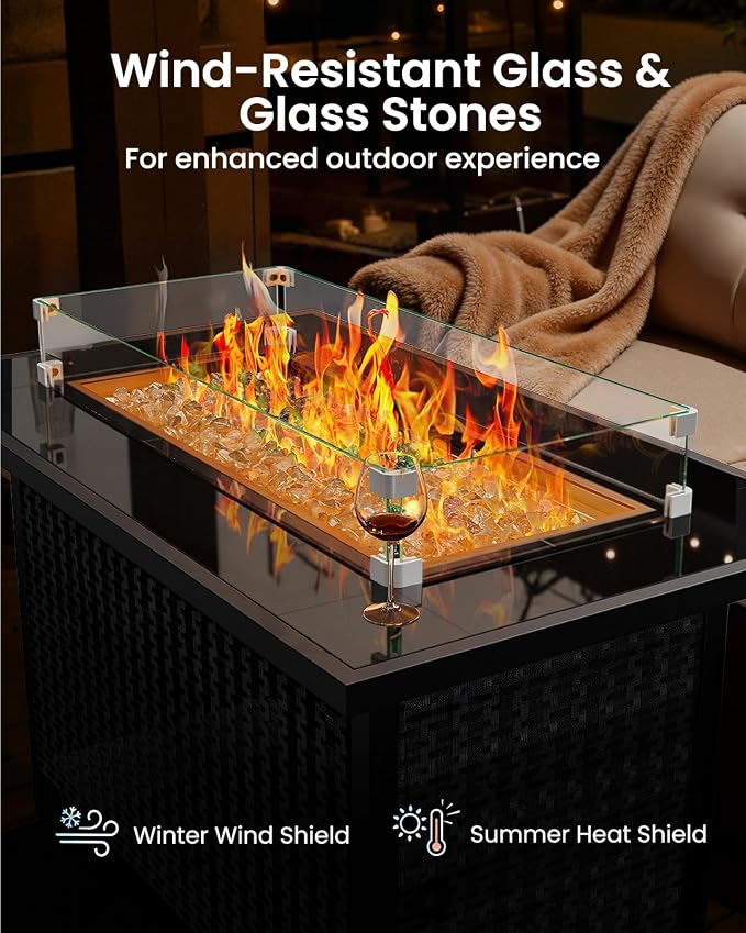 Ciays 43″ Propane Fire Pit, CSA-Listed 60,000 BTU Outdoor Gas Fire Pit Table with Glass Wind Guard, Tempered Glass Top, Lid, Glass Rocks, Adjustable Legs, Fire Table for Patio, Garden & Party, Black