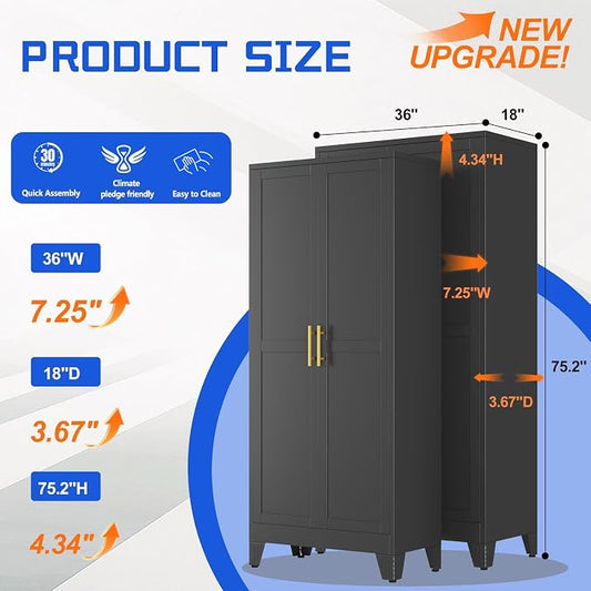GAIOUS 75.2" Tall Metal Storage Cabinet with 2 Doors and 5 Adjustable Shelves, New upgrade Kitchen Pantry Cabinet, Black Freestanding Cupboard, 6 Tier Steel Storage for Office, Kitchen, Dining, Garage