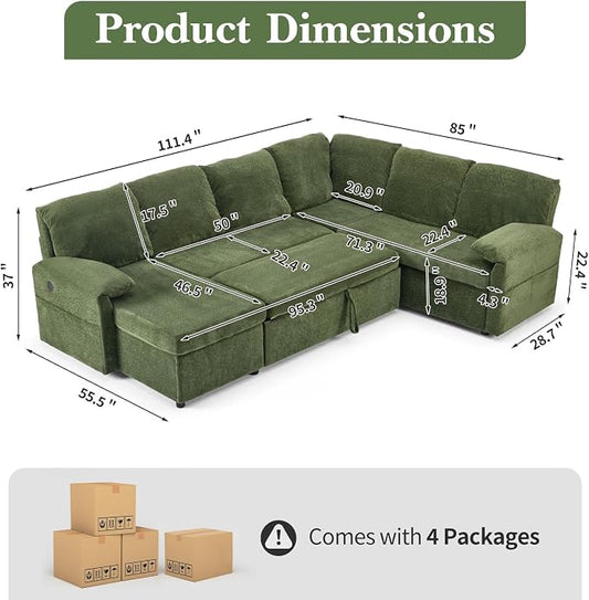 VINGLI 111 Inch U-Shaped Convertible Sofa Bed, 7 Seat Modular Sectional Sleeper Sofa with Pull Out Couch Bed Couches for Living Room with Storage Chaise, USB Charging, Side Pockets