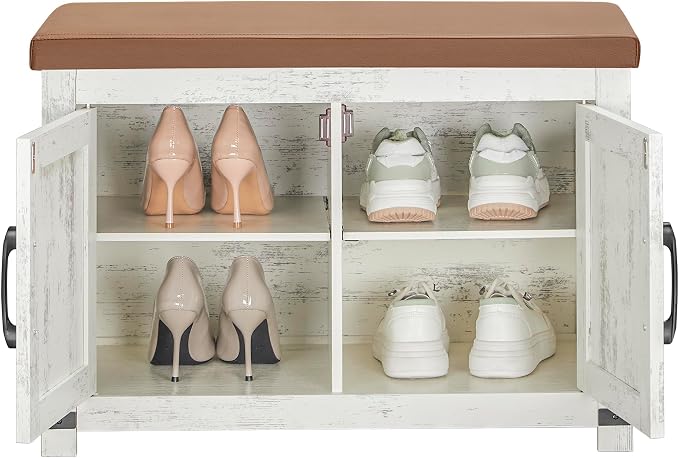 Hzuaneri Shoe Storage Bench, 2 Tier Shoe Bench with Padded Seat Cushion & 2 Barn Doors, Entryway Bench with Adjustable Shelf, Farmhouse Shoe Cabinet for Living Room, Bedroom, Antique White SB26214KA