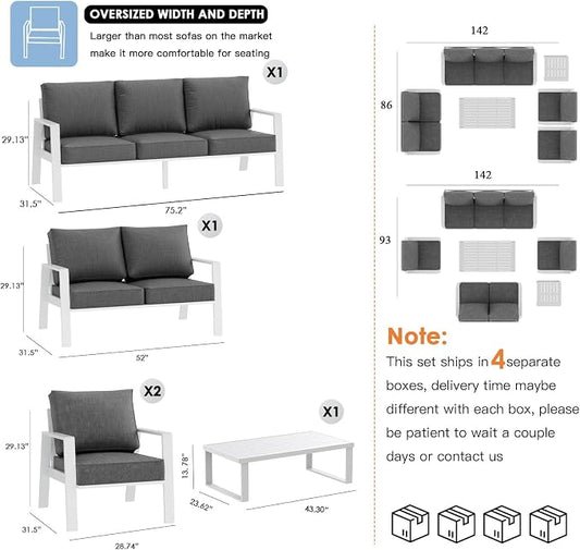 Outdoor Couch 3-Seat All-Weather Metal Outdoor Sofa, Oversized Patio Couch, Aluminum Patio Sofa with 5" Cushions (White/Dark Grey)