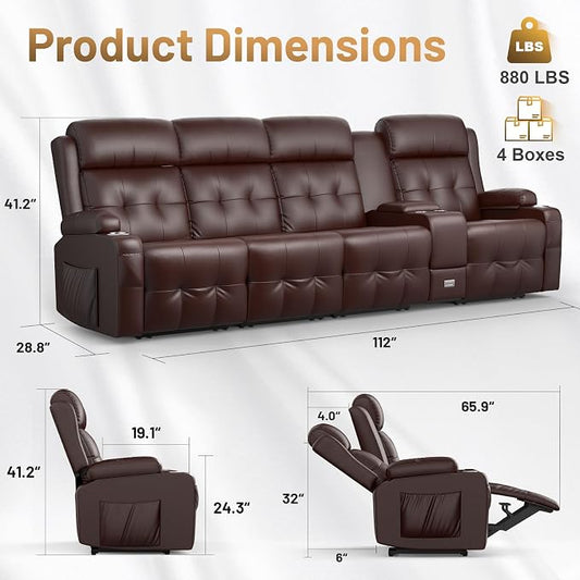 Loveseat Recliner Sofa, Home Theater Seating with Massage, 4 Seat Reclining Loveseats with Console, Wall Hugger RV Couch Movie Theater Chairs, RV Furniture Sofas with USB, Cup Holders for Gaming Room