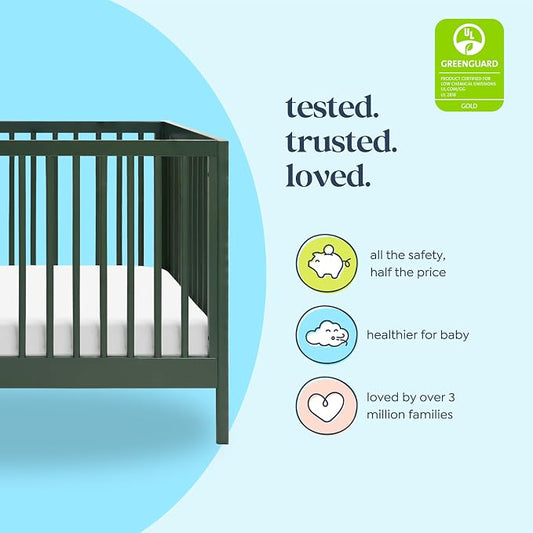 Davinci Birdie 3-in-1 Baby Crib & GREENGUARD Mattress Bundle - Forest Green | Low-Profile Crib Convertible to Toddler Bed & Daybed - Easy to Assemble - Includes Mattress w/ Removable Waterproof Cover
