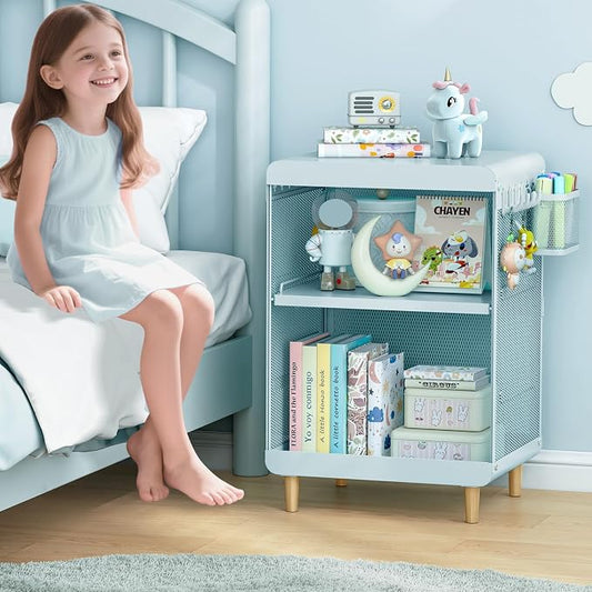 SYKIARIOL Kids Nightstand for Girls, Metal Bedside Table with 4 Hooks & Hanging Basket, 3-Tier Storage Shelf, Toddler Night Stand for Bedroom, Mint Green