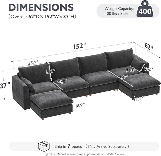Ihanherry 152" Oversized Modular Sectional Sofa, Modern U Shaped Cloud Couch with 2 Storage Ottoman, 6-Seat Comfy Chenille Deep Seat Sofa with 2 Pillows for Living Room, Grey