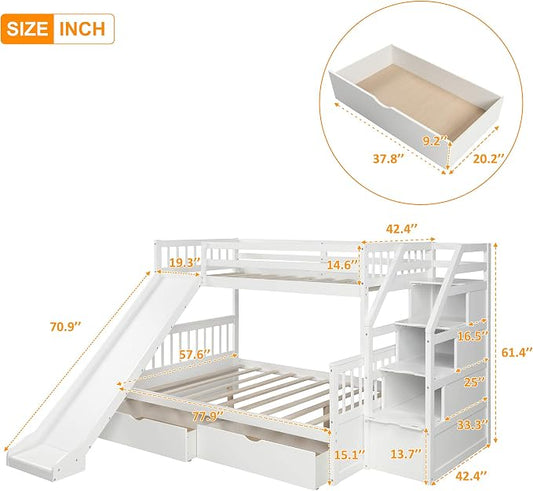 Solid Wood Twin Over Full Bunk Bed with Slide, Drawers, 4 Stair, Three Storage Grids and Full Length Guardrail, Multifunction play house Bunk Bed for Kids/Adults, No Box Spring Needed (White+ss)