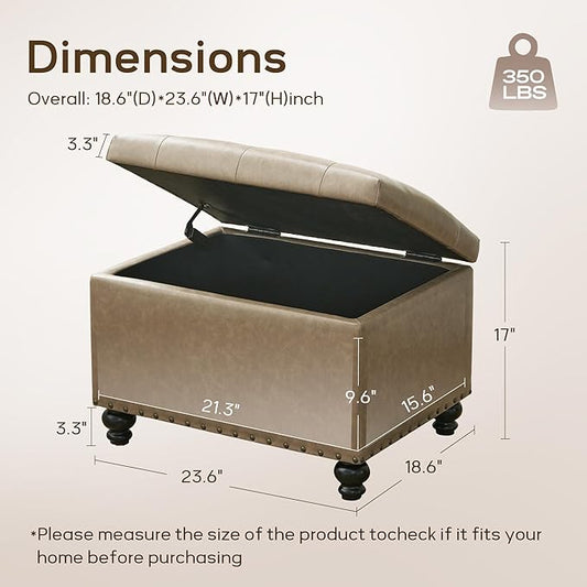 Zihanhome Leather Ottoman with Storage, Upholstered Button Tufted Ottoman Foot Rest, Foot Stools, 24" Rectangle Ottomans with Storage for Living Room, Bedroom, Dorms and Apartments (Taupe Brown-PU)