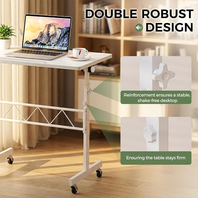 GTPLAYER Small Standing Desk Adjustable Height, 30.7"-46.4" Portable Computer Table Mobile Desk Workstation Stand Up Desk with Wheels Compact Rolling Table for Home Work Treadmill Walking Pad White