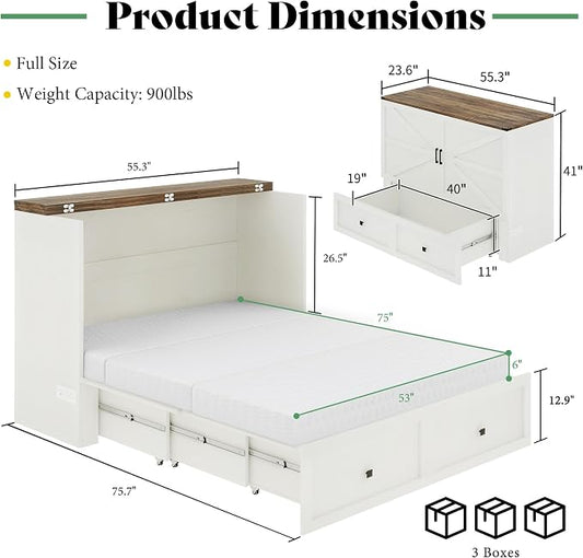 AMERLIFE Full Murphy Bed Cabinet with 6" Tri-Fold Memory Foam Mattress, Storage Drawer & Charging Station, Space-Saving Guest Bed for Home Office, Distressed White