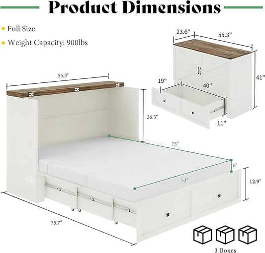 LUXOAK Full Murphy Bed with 6" Tri-Fold Memory Foam Mattress, Storage Drawer & Charging Station, Space-Saving Design for Home Office or Guest Room, White