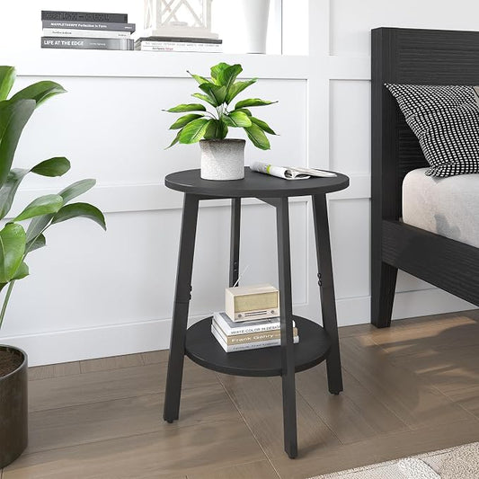 sthmec Side Table Set of 2, Small Round End Table with Storage Shelf for Small Space, 2-Tier Black Bedside Table Sofa Couch Table, Nighstands Set of 2 Accent Table for Living Room, Bedroom, Black