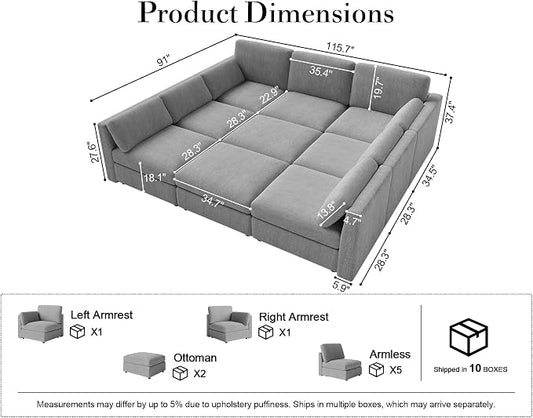 Oversized Modular Sectional Sleeper Sofa Bed Cloud Couches Gray | Deep Seat Couch for Living Room, 9 Seater Luxury Comfortable Sofa with Ottoman, Solid Wood Frame, Removable Washable Cover