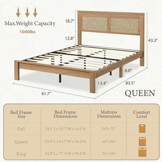 XIAO WEI 3-Piece Boho Bedroom Furniture Set, Queen Wood Bed Frame with Tall Rattan Headboard, Night Stand Set of 2 with Charging Station, Modern Bedroom Furniture Set