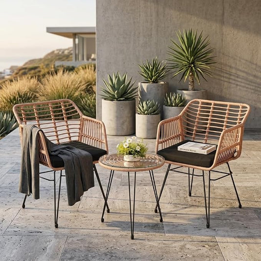 3-Piece Patio Furniture Set, Wicker Bistro Set with 2 Cushioned Rattan Armchairs and Glass Top Coffee Table, Small Conversation Set for Balcony, Porch, Backyard, Natural/Black