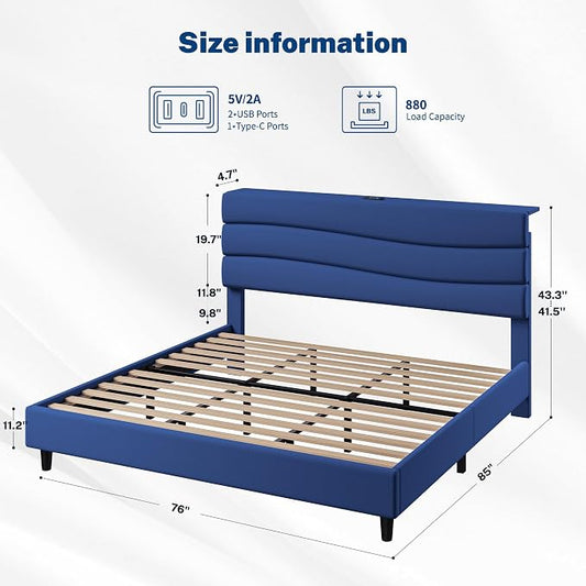 EnHomee King Bed Frame with Upholstered Headboard, Navy Blue | Adjustable Height , Charging Station, No Box Spring Needed, Noise-Free,Easy Assembly