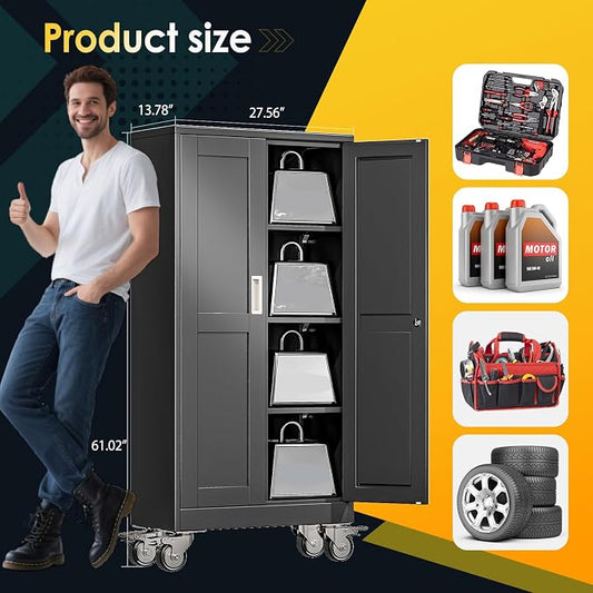 PAOFIN 61''H Metal Garage Storage Cabinet with Wheels,Steel File Cabinets with 2 Doors and 3 Adjustable Shelves for Home Office, Warehouse, Required Assembly,Black
