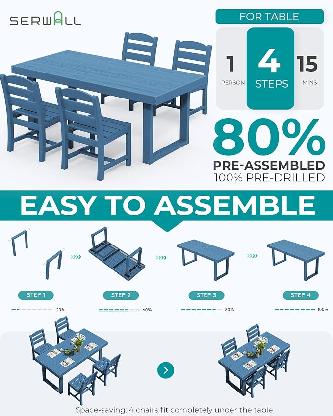 SERWALL HDPE Outdoor Dining Set for 4, 67'' Patio Table and Chairs Set | with Armless Seat
