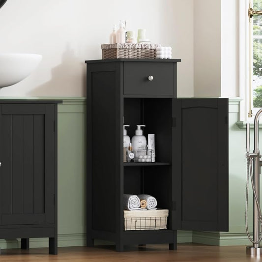 Iwell Bathroom Storage Cabinet, Small Bathroom Floor Cabinet with Drawer & Storage Shelf, Free-Standing Organizer Cabinets for Hallway/Living Room, Black