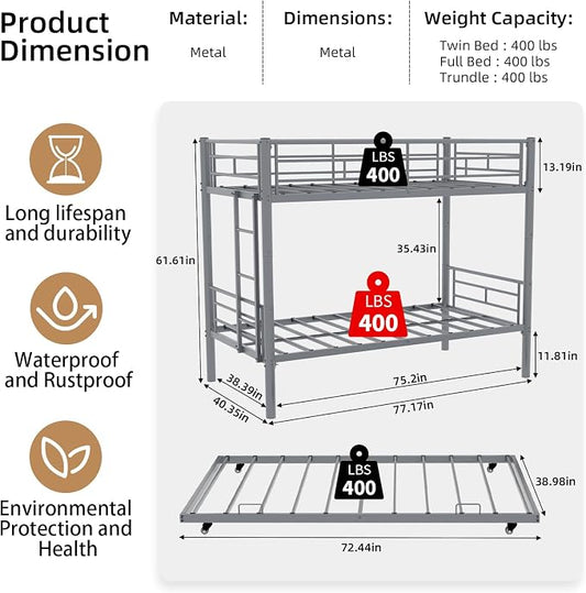 Detachable Bunk Bed Twin over Twin with Trundle, Heavy Duty Triple Bunk Bed Frame for Kids, Teens, Adults, Space Saving 3 Beds with Safety Guardrails & Ladde for Bedroom, Dorm, Noise-Free, Silver