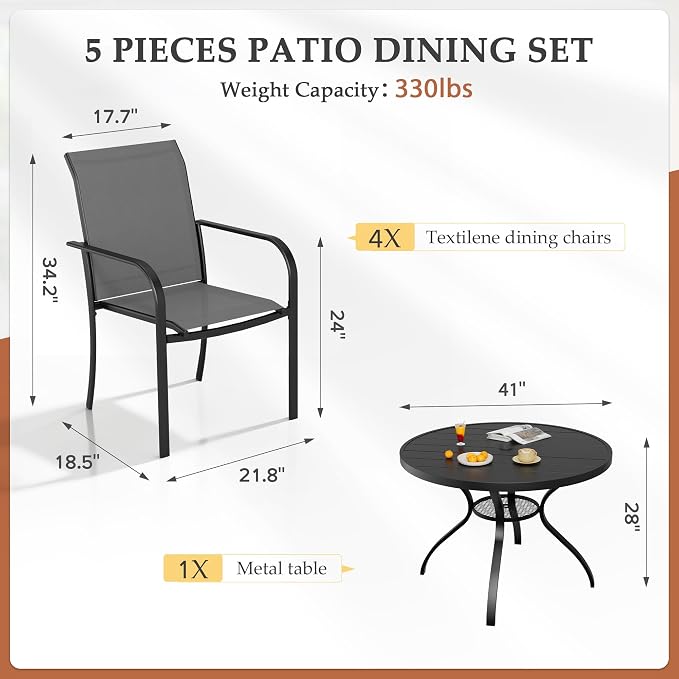 SUNCROWN 5 - Piece Outdoor Dining Set, Patio Furniture Set with 4 x Textilene Dinning Chairs and 41" Metal Round Table with Umbrella Hole for Lawn Garden Backyard Deck, Grey