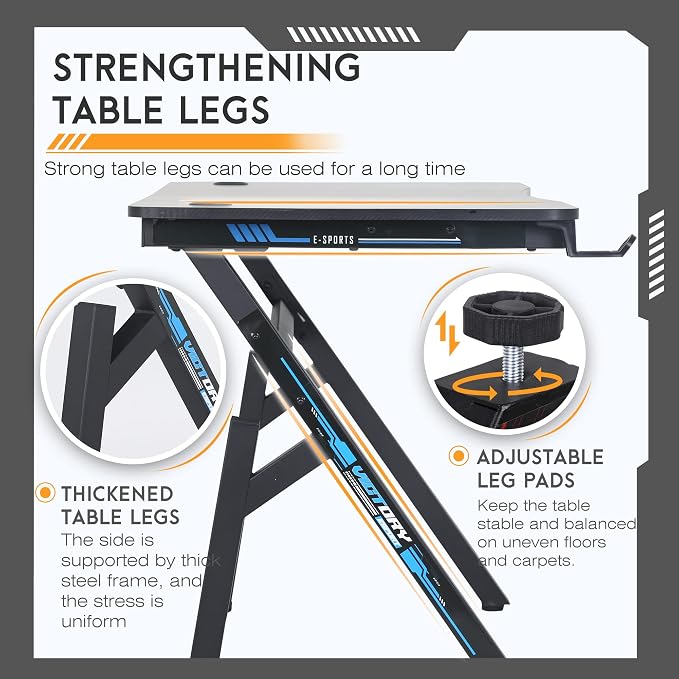 BestOffice | 47" Gaming Desk | Blue | Carbon Fiber Textured Computer Desk | Sturdy Steel Frame, Cup Holder, Headphone Hook, Cable Management Holes, Adjustable Leg Pads | for Gamers, Home, Office