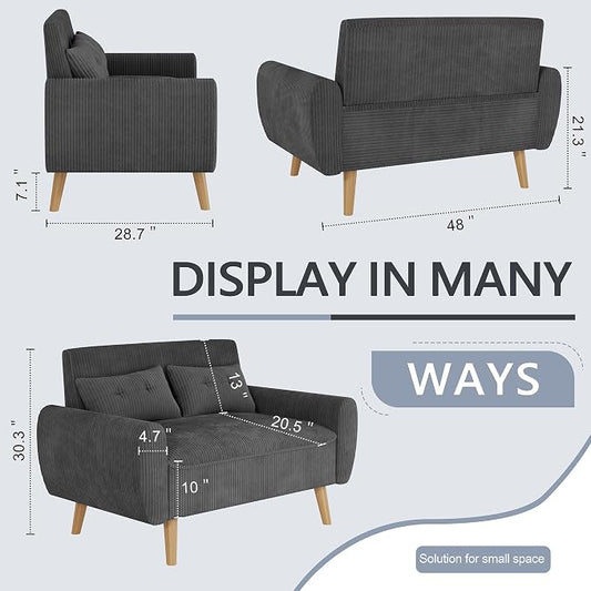 Shintenchi 48'' Loveseat Sofa, Mid-Century Modern Upholstered Couch Deep Seat with 2 Pillows, 10" Thick Cushion with Spring, Solid Wood Frame Small Couch for Living Room, Dorms & Office, Dark Grey