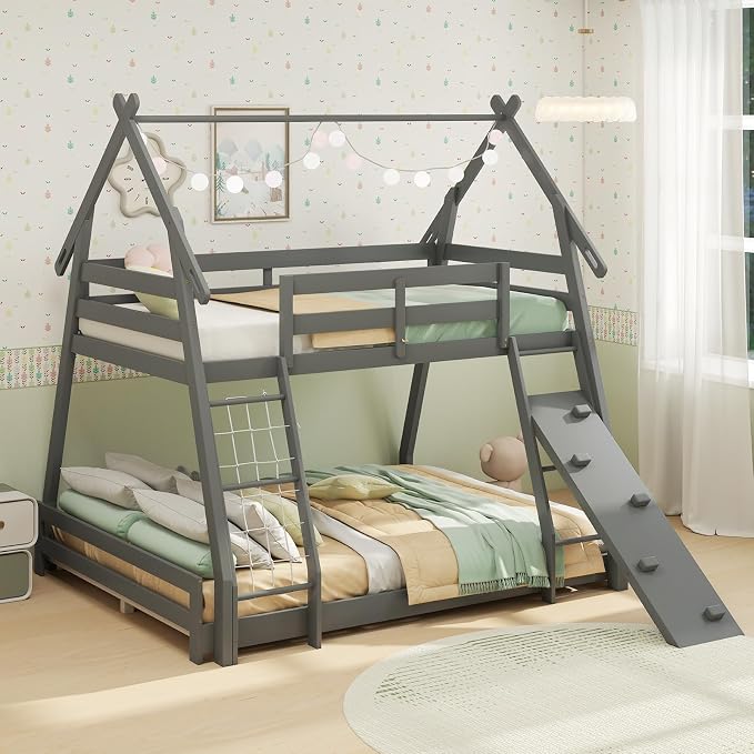 KOTEK Twin Over Queen Bunk Bed, House Bunk Beds with Climbing Nets and Ramp, No Box Spring Needed, Solid Wood Low Bunk Bed Frame for Kids Boys Girls (Grey)