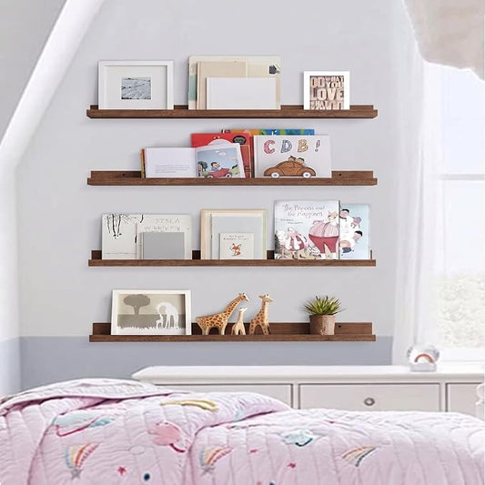 Forbena 36 Inch Picture Ledge Shelf, Floating Nursery Shelves for Wall | Solid Wood Material | Lip Edge | Ideal for Living Room Kids Bedroom Office Photo Frame Display | Walnut Brown | 4 Pack