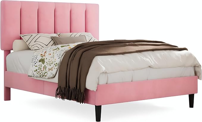 VECELO Full Size Bed Frame with Upholstered Headboard, Heavy-Duty Platform Bedframe with Strong Wooden Slats Support, No Boxing Spring Needed, Velvet & Pink