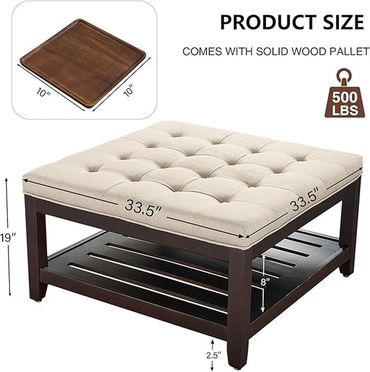 adochr 33'' Large Square Ottoman Coffee Table with Storage, Upholstered Button Tufted Footrest Ottoman with Solid Wooden Tray,Coffee Table for Living Room, Light Brown